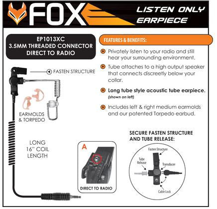 Threaded Fox 3.5mm Listen Audio Only Earpiece With Clear Acoustic Tube (EP1013XC)